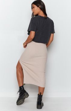 Pearl Midi Skirt This super-soft sleek midi skirt is perfect from transitioning from day to night - just switch out your printed tee and sneakers for a little cami and pair of heels! Midi length Slit on front-left leg Elasticated waist Mid-weight, knitted ribbed, stretchy fabric Stripe Tee Outfit, Tan Midi Skirt, Pink Midi Skirt, Wrap Skirts, Maternity Skirt