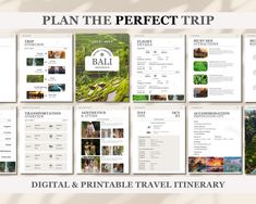 the travel brochure is shown with photos and text that reads plan the perfect trip