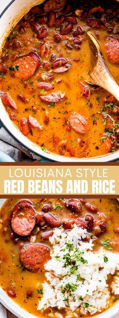 two pictures showing different types of beans and rice in the same pan, one is red