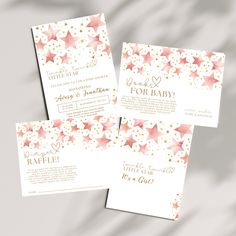 three pink and gold stars are on top of the wedding stationery, which includes two matching envelopes