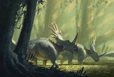 an artist's rendering of two dinosaurs in the woods