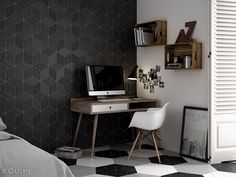 a black and white checkered floor in a bedroom with a computer on the desk