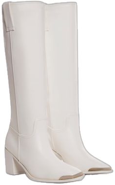 White Mid-calf Boots With Stacked Heel For Fall, White Square Toe Platform Boots For Fall, Trendy White Wide Calf Knee-high Boots, White Block Heel Knee-high Boots For Fall, Trendy White Square Toe Heeled Boots, White Faux Leather Mid-calf Boots For Fall, White Faux Leather Knee-high Boots For Fall, Chic White Knee-high Heeled Boots, Chic White Knee-high Boots For Fall