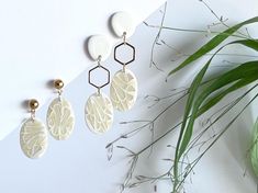 Simple elegance defines these delicately patterned drop earrings. Made from lightweight polymer clay using a cane technique which combines white with translucent clay to create a floral-like or lacy pattern.  Choose from 1 of 2 variations, each stylish chic and unique - a hard choice to make but you can't go wrong! Consider them for your special day, either for the bride or someone special in your bridal party. They will add glamour to any outfit, whatever the occasion, evening wear smart, work smart or casual smart. These versatile, original and one-off earrings are sure to be a standout winner and compliments will flow.    Define yourself with these handcrafted earrings aimed to bring out the individual in YOU.   Dimensions of variations: 1. White stud on top with hexagonal charm and ova Translucent Clay, Define Yourself, Smart Work, White Studs, Handcrafted Earrings, Simple Elegance, Special Person, Special Guest, Evening Wear