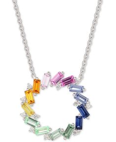 A kaleidoscope of elegance. Colorful lab-created multi-sapphire baguettes form a beautiful circle on this sterling silver pendant necklace. Multi Color Sapphire Jewelry, Colour Stone Pendant, Navratna Jewellery, Rainbow Stone, Bvlgari Jewelry, Bolo Bracelet, Multi Sapphire, Silver Gemstone Jewelry, Beauty Gift Sets