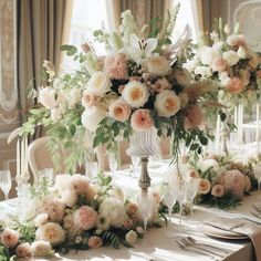 the table is set with flowers and candles for an elegant dinner party or wedding reception