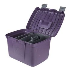 an open purple plastic container with two compartments