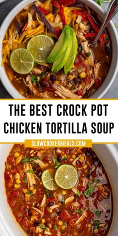 Close up of crock pot chicken tortilla soup in a bowl and in a slow cooker. Best Crock Pot Chicken, Crock Pot Chicken, Crockpot Soup Recipes, Soup Recipes Slow Cooker, Winter Evening