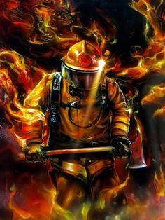 a painting of a firefighter with flames around him and his helmet on, holding a stick