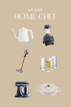 the gift guide for home chef is displayed on a beige background with an illustration of kitchen appliances