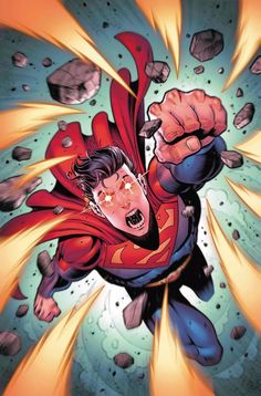 superman is flying through the air with his fist in front of him and rocks behind him