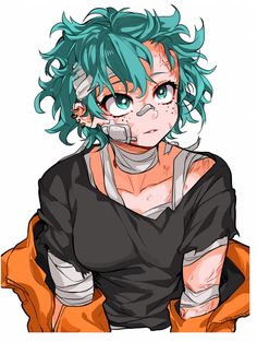 an anime character with green hair and blue eyes