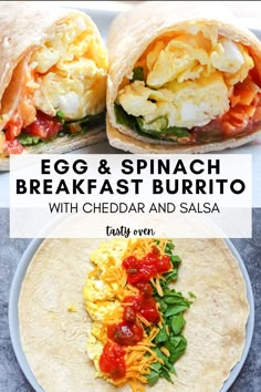 egg and spinach breakfast burrito with cheddar and salsa on a plate