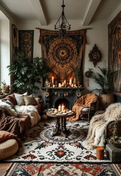 a living room filled with lots of furniture and candles on top of a fire place