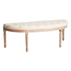 a bench made out of wood and white fabric on top of it's legs