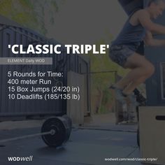 a man doing a trick on a barbell with the words classic triple below him