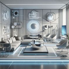 a futuristic living room with white furniture and blue lights on the ceiling is shown in this image