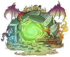 an image of a cartoon scene with dragon and man in the cave surrounded by rocks