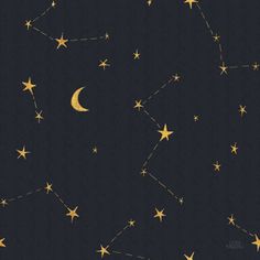 the night sky with stars and crescents in gold on a black background is shown