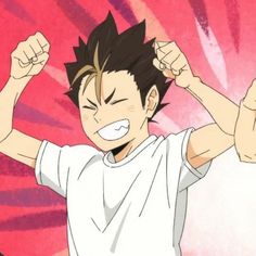 an anime character with his arms in the air and fists out, while wearing a white t - shirt