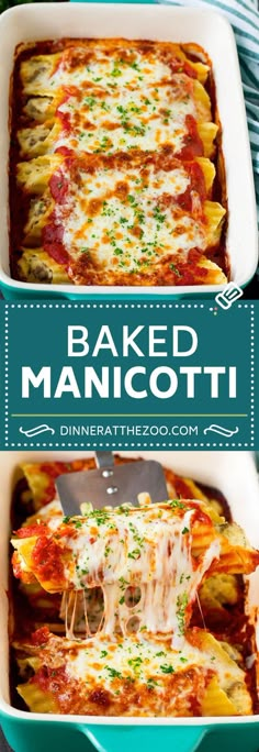 baked manicotti in a blue casserole dish