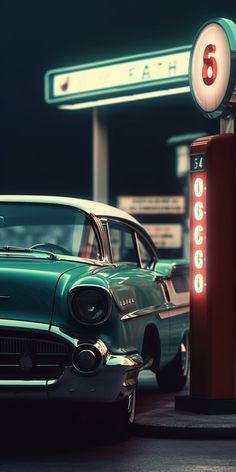 an old green car is parked in front of a gas station with the number six on it