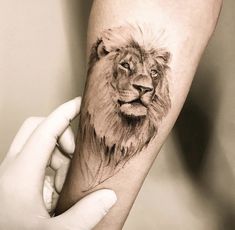 a lion tattoo on the left forearm and arm is shown in black and grey ink