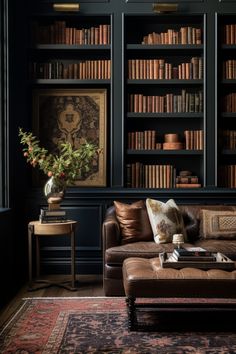 a living room filled with furniture and bookshelves covered in lots of bookcases