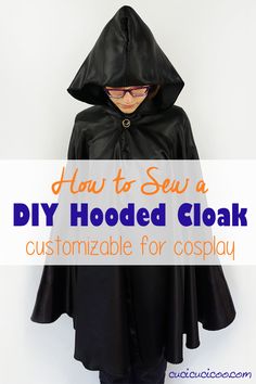 a child wearing a black hooded cloak with the words how to sew a diy hooded cloak