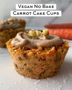 vegan no bake carrot cake cups on a white plate with carrots in the background