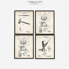 four framed drawings of different types of tools