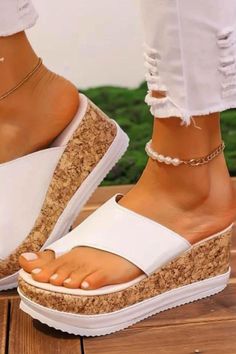 Women's Toe Loop Design Wedge Sandals, Casual Open Toe Slip On Platform Heels, Versatile Summer Vacation Shoes White Toe Post Wedge Sandals For Summer, White Toe Post Wedge Sandals For Beach, Vacation Shoes, Loop Design, Sandals Casual, Platform Heels, Women's Sandals, Summer Vacation, Wedge Sandals