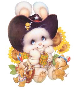 a white rabbit wearing a hat and holding two teddy bears in it's paws