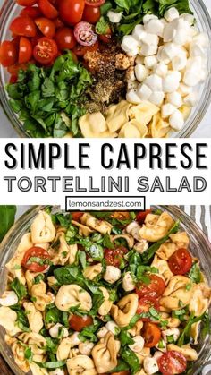 tortellini salad with tomatoes, mozzarella and spinach in a glass bowl