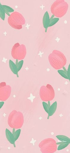 pink flowers with green leaves and white stars on a light pink background that is painted in pastel colors