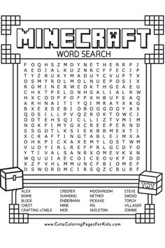 the word search for minecraft is shown in black and white, with words that spell out