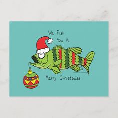 a christmas card with a fish wearing a santa hat