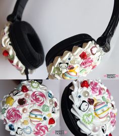 the headphones are decorated with colorful candies and other things to decorate on them