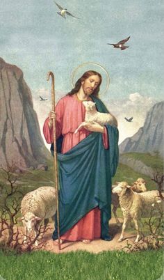 an image of jesus with sheep and birds