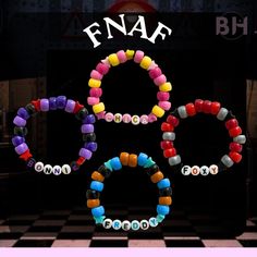 Bracelets for the fnaf lovers… the og animatronics! 4 Matching Bracelets, Fnaf Friendship Bracelet, Fnaf Bead Bracelets, Kandi For Beginners, Cartoon Bracelet Ideas, Fnaf Kandi Bracelet, Kandi Bracelets Matching, Matching Kandi Bracelets For Couples, Fnaf Bracelet Ideas