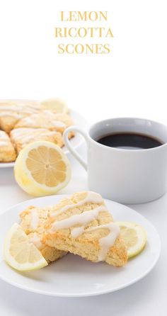 lemon ricotta scones on a white plate next to a cup of coffee