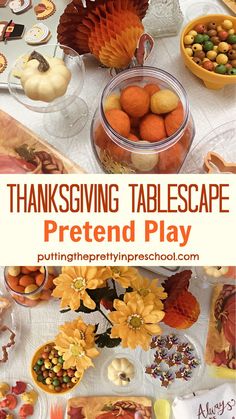 This Thanksgiving tablescape pretend play setup incorporates loose parts in a big way. It's an easy center to include in harvest celebrations. Preschool Thanksgiving Dramatic Play Ideas, Thanksgiving Preschool Dramatic Play, Dramatic Play Thanksgiving Preschool, Thanksgiving Dramatic Play Center, Thanksgiving Dinner Dramatic Play, November Dramatic Play Ideas, Dramatic Play Thanksgiving, November Dramatic Play Center, Thanksgiving Pretend Play