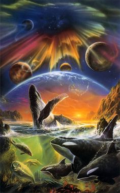 an artistic painting of dolphins swimming in the ocean with planets and sun rising above them