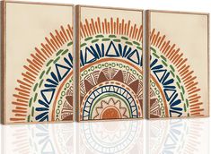 three canvases with an abstract design on the front and back, each painted in different colors