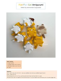 an article about crocheted toys with pictures of cats on them and text that reads, flat fish cat amigurmi