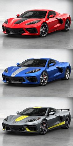 four different colored sports cars are shown side by side