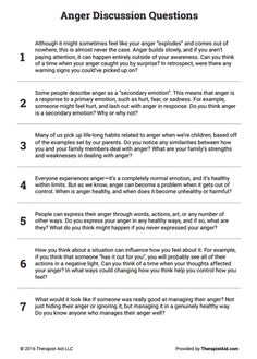 Anger Discussion Questions Preview Asd Resources, Anger Management Activities, Group Therapy Activities, Anger Management Worksheets, Counseling Techniques, Counseling Worksheets, Group Counseling, Health Activities