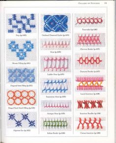 an open book with different types of stitchs and designs on the pages, including two rows