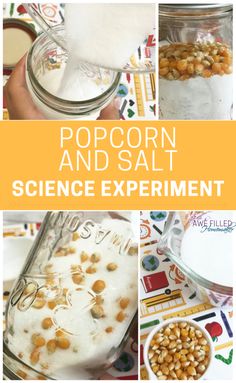 popcorn and salt science experiment with text overlay that reads popcorn and salt science experiment