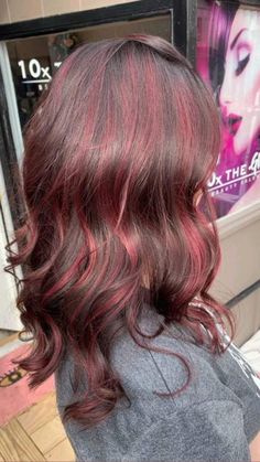 Dark Red Streaks In Brown Hair, Maroon Hair Aesthetic, Red Underdye Hair Light Brown, Maroon Highlights On Light Brown Hair, Red Strands In Brown Hair, Dark Red Peekaboo Hair, Red Highlights On Light Brown Hair, Cherry Red Chunky Highlights, Rusty Red Hair